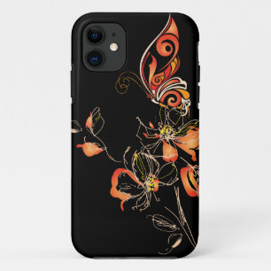 Abstrakte Orangefarbene Schmetterlinge und Blumen iPhone 11 Hülle