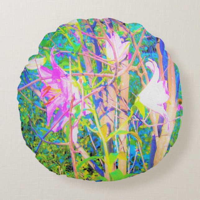 Abstrakte orientalische Lilien in meinem Rubio-Gar Rundes Kissen (Vorderseite)