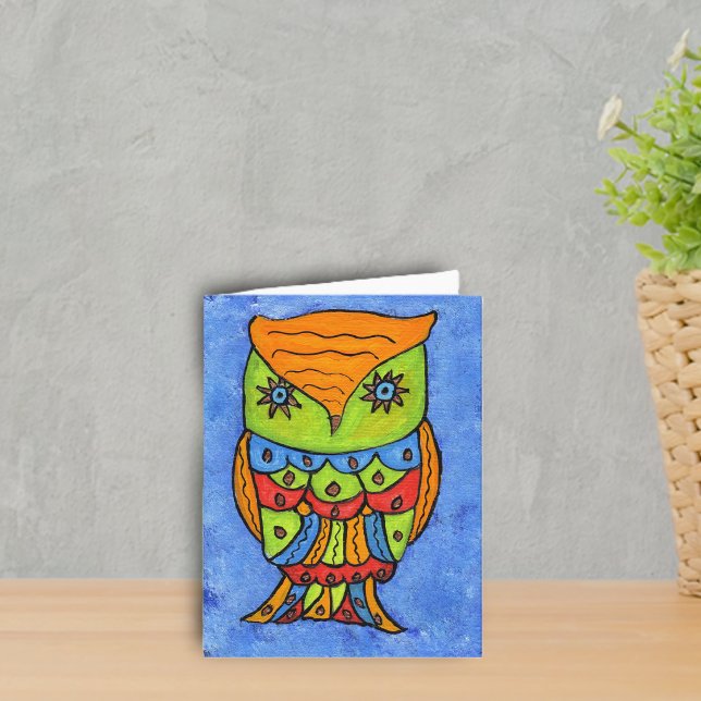Abstrakte Owl Notecard Karte (Bright Colourful fantasy owl neon colours star eyes on blue notecard.)