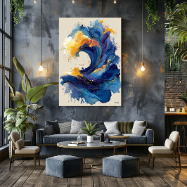 Abstrakte Ozeanwelle Flüssige Kunst Blau Gold Flui Poster