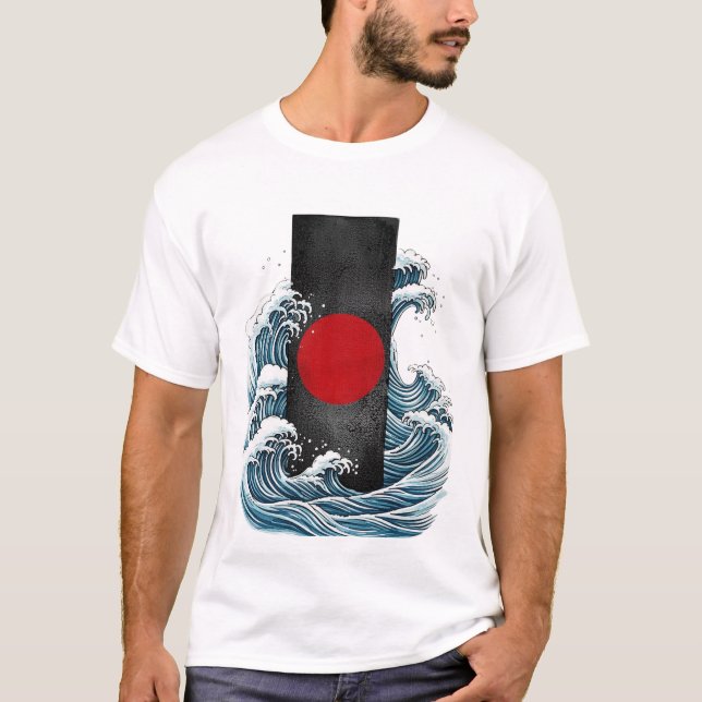 Abstrakte Ozeanwelle und rote Kreis Kunst T-Shirt (Vorderseite)