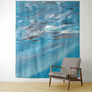 Abstrakte Ozeanwellen in blauen und grauen Pinsels Wandteppich