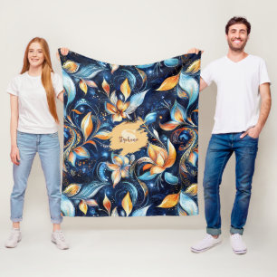 Abstrakte Paisley-Blätter in Blau und Gold (2) Fleecedecke