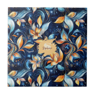 Abstrakte Paisley-Blätter in Blau und Gold (2) Fliese