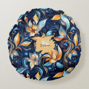 Abstrakte Paisley-Blätter in Blau und Gold (2) Rundes Kissen