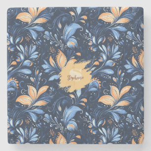 Abstrakte Paisley-Blätter in Blau und Gold (3) Steinuntersetzer
