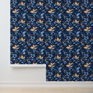 Abstrakte Paisley-Blätter in Blau und Gold (3) Tapete