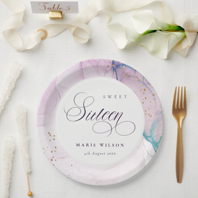 Abstrakte Pastel Lila Blue Aquamarin Sweet 16 Gebu Pappteller (Hochzeit)