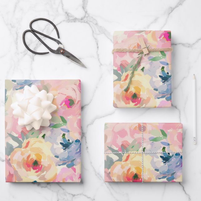 Abstrakte Pastellfarben Blume Blumenmuster Geschenkpapier Set (Vorderseite)