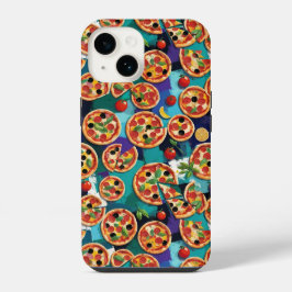 Abstrakte Pepperoni Pizza auf blauem Hintergrund iPhone 14 Hülle