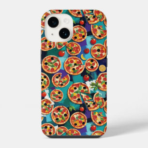 Abstrakte Pepperoni-Pizza auf blauem Hintergrund iPhone 14 Hülle