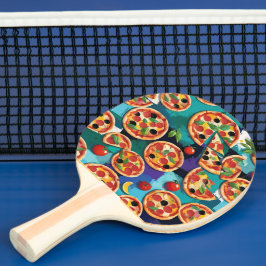 Abstrakte Pepperoni Pizza auf blauem Hintergrund Tischtennis Schläger