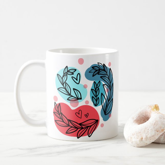 Abstrakte Pflanze rot und blau Kaffeetasse (Mit Donut)