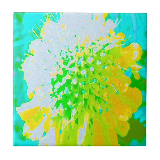 Abstrakte Pinsel-Blume in Gelb und Grün Fliese (Vorderseite)
