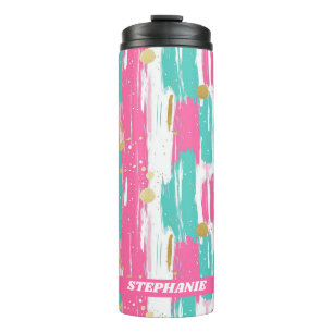 Abstrakte Pinselstriche aus Minze, Rosa, Weiß und  Thermosbecher