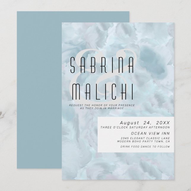 Abstrakte Pinselstriche Blass Dusty Blue Einladung (Vorne/Hinten)