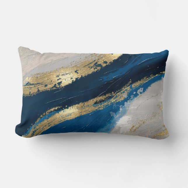 Abstrakte Pinselstriche Blau Gold Chic Moderne Lendenkissen (Vorderseite)