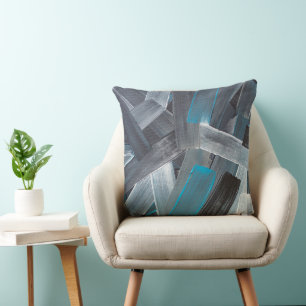 Abstrakte Pinselstriche in Blau, Grau und Schwarz Kissen