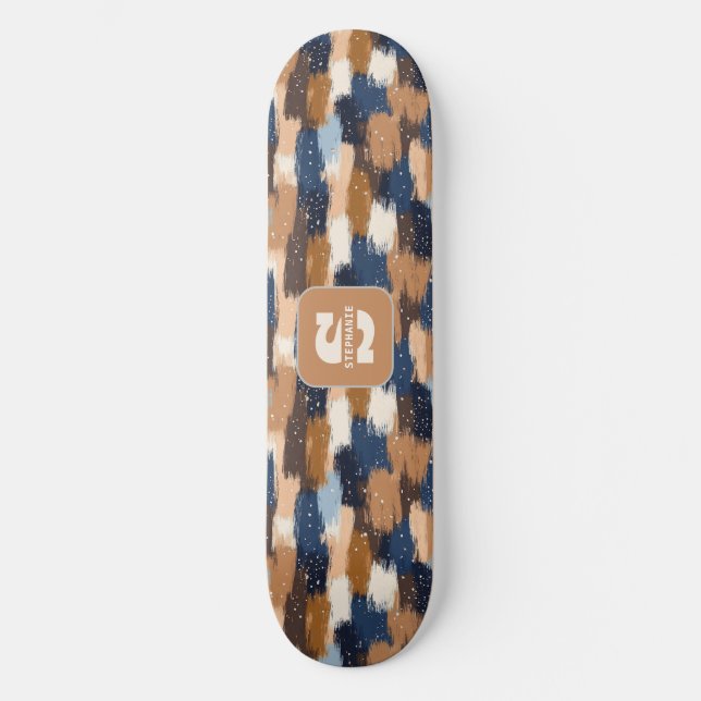 Abstrakte Pinselstriche in Blau, Weiß und Braun (2 Skateboard (Vorderseite)