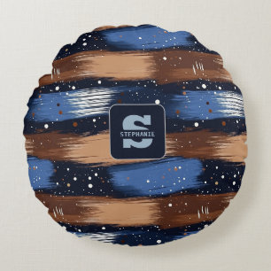 Abstrakte Pinselstriche in Blau, Weiß und Braun (3 Rundes Kissen