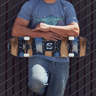 Abstrakte Pinselstriche in Blau, Weiß und Braun (3 Skateboard