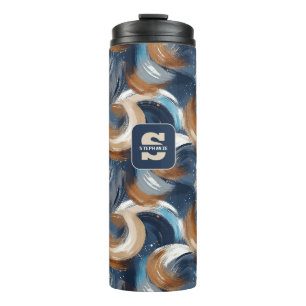 Abstrakte Pinselstriche in Blau, Weiß und Braun Thermosbecher