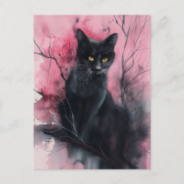Abstrakte Porträtmalerei in Schwarz-Rosa-Katze Postkarte