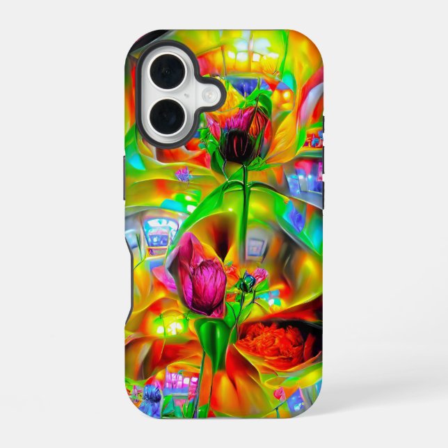 Abstrakte psychedelische Blumen iPhone 16 Hülle (Rückseite)