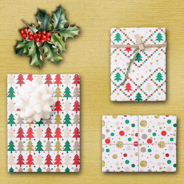 Abstrakte Red Green Gold Weihnachtsbaumkreise Geschenkpapier Set (Von Creator hochgeladen)
