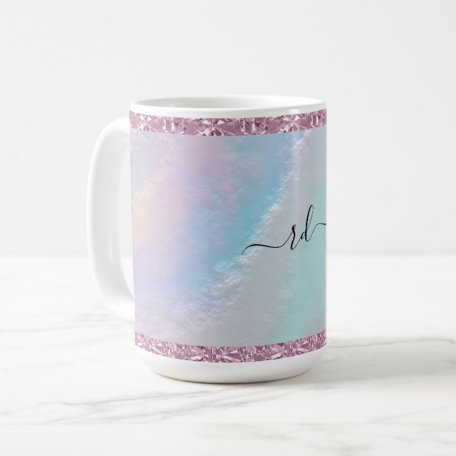 Abstrakte Regenbogentextur und rosa Kristall Kaffeetasse (Vorderseite Links)