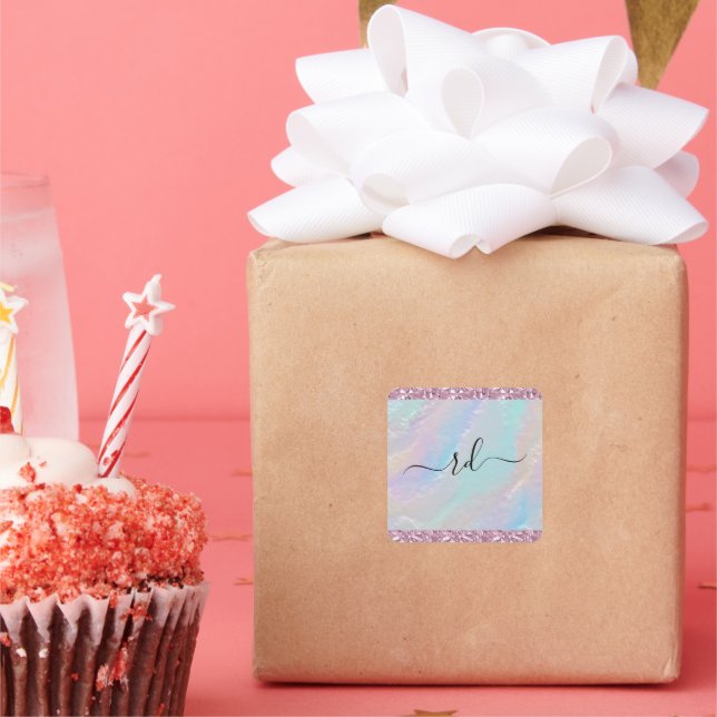 Abstrakte Regenbogentextur und rosa Kristall Quadratischer Aufkleber (Party)