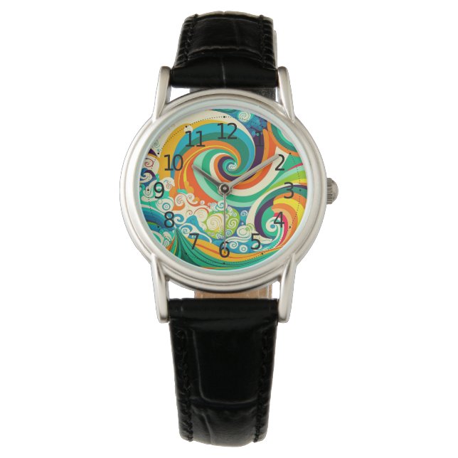 Abstrakte Retro 70er Hippie Waves Artwork | Armbanduhr (Vorderseite)