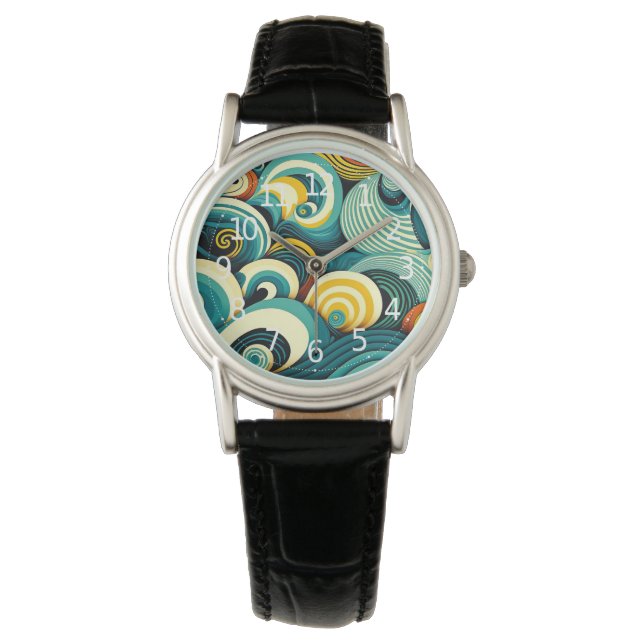 Abstrakte Retro 70er Hippie Waves Artwork | Armbanduhr (Vorderseite)