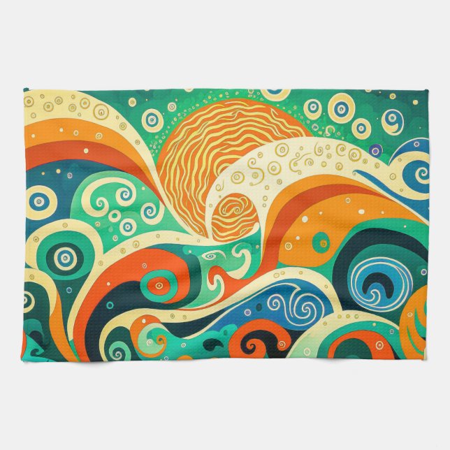 Abstrakte Retro 70er Hippie Waves Artwork | Geschirrtuch (Horizontal)
