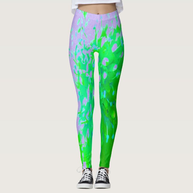 Abstrakte Retro-Blume in Lavendel und Kalkgrün Leggings (Vorderseite)