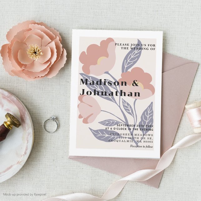 Abstrakte Retro-Blütenpink & Blauer Hochzeit Einladung (Von Creator hochgeladen)