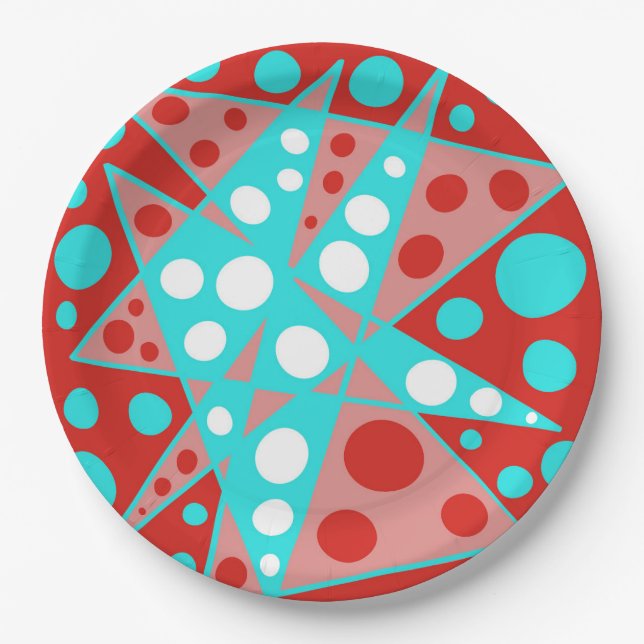 Abstrakte Retro-Designs in Rot, Weiß und Türkis Pappteller (Vorderseite)