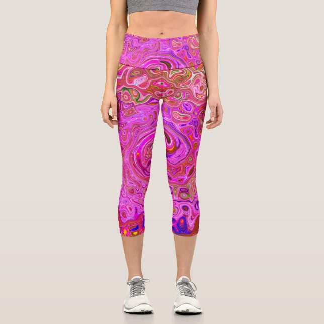 Abstrakte Retro-Swirbel in rosa Marmorfarben Capri Leggings (Vorderseite)