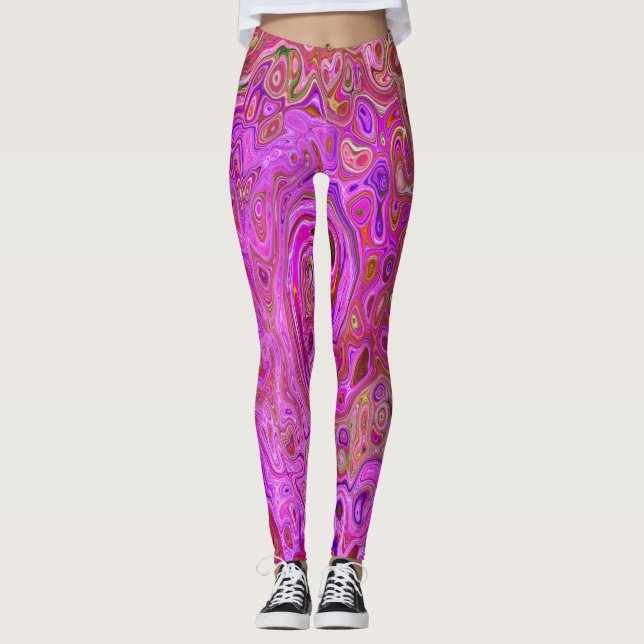 Abstrakte Retro-Swirbel in rosa Marmorfarben Leggings (Vorderseite)