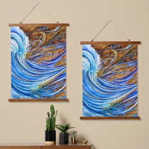 Abstrakte Rippelwellen in Blau und Gold Wandteppich Mit Holzrahmen