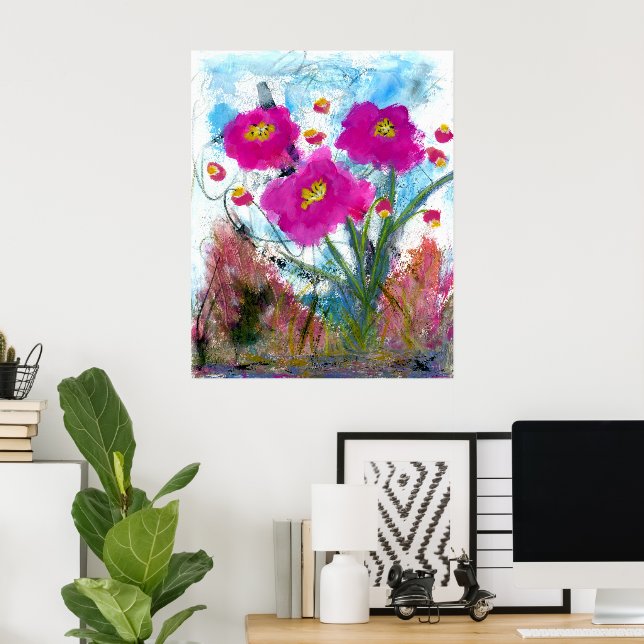 Abstrakte rosa Blume Botanische Blumenbemalung Poster (Heimbüro)