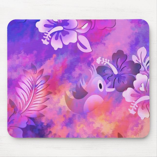Abstrakte rosa Blume und Vogelkunst Mousepad (Vorne)