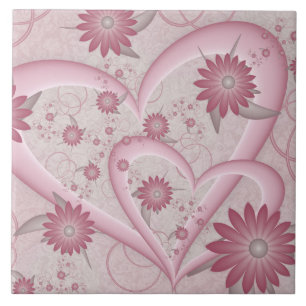 Abstrakte rosa Herzen & Blumen Liebes-Fraktal-Kuns Fliese