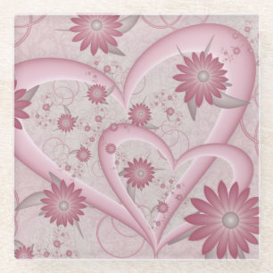 Abstrakte rosa Herzen & Blumen Liebes-Fraktal-Kuns Glasuntersetzer