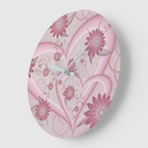 Abstrakte rosa Herzen & Blumen Liebes-Fraktal-Kuns Große Wanduhr