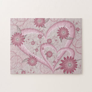 Abstrakte rosa Herzen & Blumen Liebes-Fraktal-Kuns Puzzle