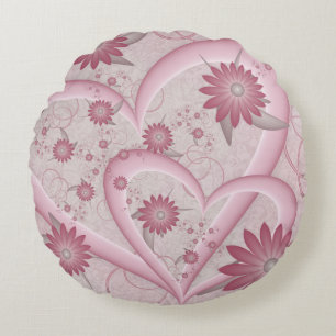 Abstrakte rosa Herzen & Blumen Liebes-Fraktal-Kuns Rundes Kissen
