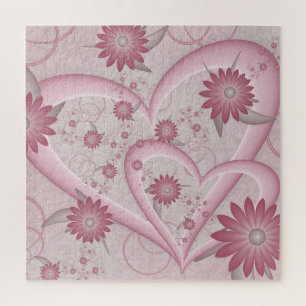 Abstrakte rosa Herzen und Blumen Liebes-Fraktal-Ku Puzzle