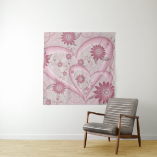 Abstrakte rosa Herzen und Blumen Liebes-Fraktal-Ku Wandteppich