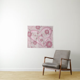 Abstrakte rosa Herzen und Blumen Liebes-Fraktal-Ku Wandteppich